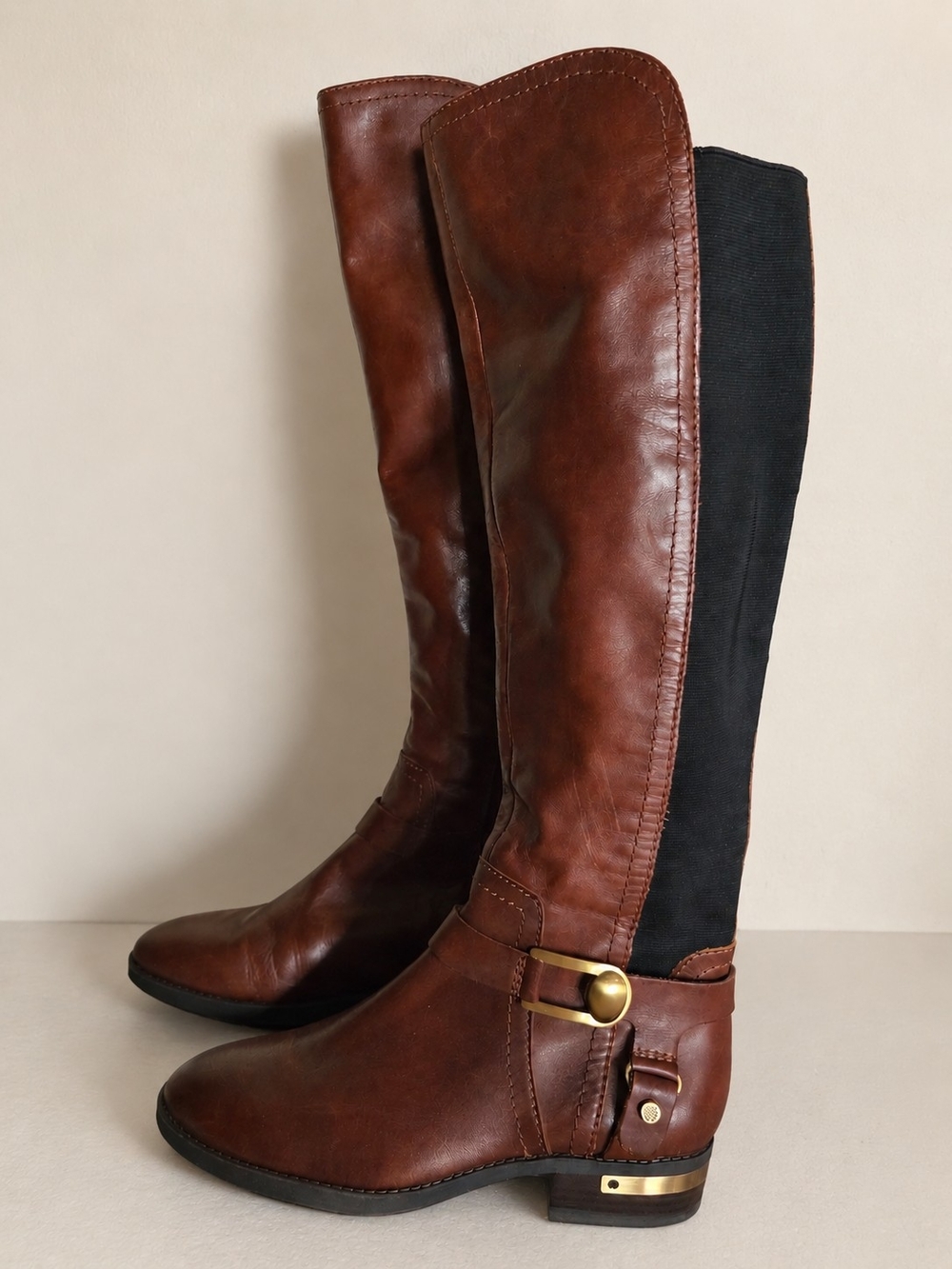 Vince Camuto Pearley Tall Riding Boots Women 7M Brown Black Leather Gold Buckle